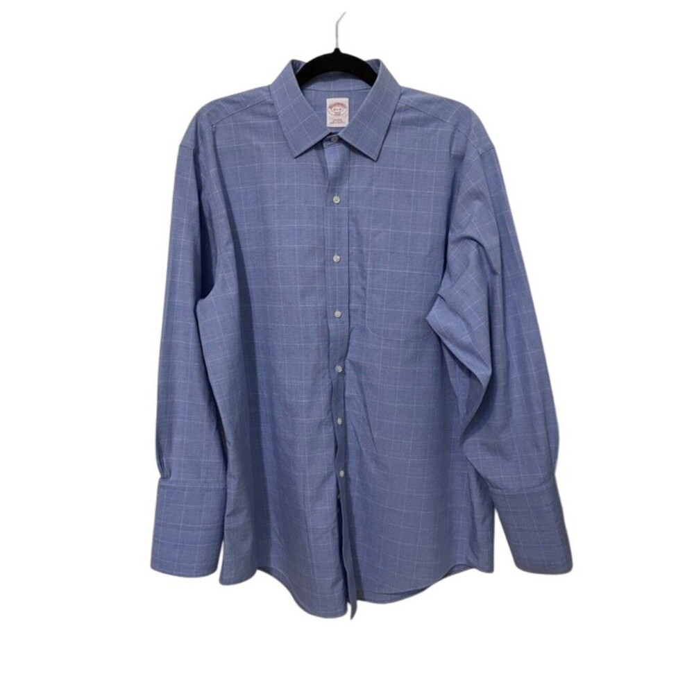 Brooks Brothers Blue Windowpane Non-Iron Dress Shirt Mens 16.5-32 French Cuff